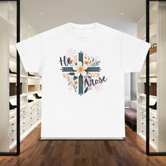 He Rose Floral Cross T‑Shirt — Christian Easter Faith Tee