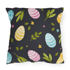 Easter Egg Pattern Outdoor Pillow — Pastel Eggs & Greens on Dark