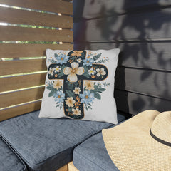Floral Cross Outdoor Pillow — Blue & Cream Garden Accent