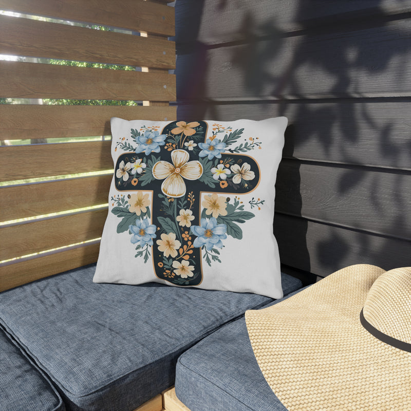 Floral Cross Outdoor Pillow — Blue & Cream Garden Accent