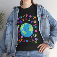 Earth Day Graphic Tee — 'World Earth' Cute Globe & Flowers T-Shirt