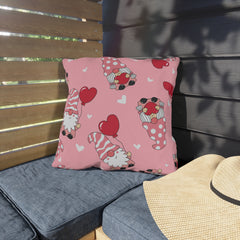 Valentine Gnome Outdoor Pillow — Pink Heart Pattern