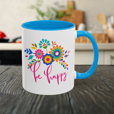 Be Happy Floral Mug — Colorful 11oz & 15oz Ceramic Coffee Mug