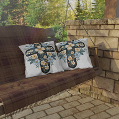 Floral Cross Outdoor Pillow — Blue & Cream Garden Accent