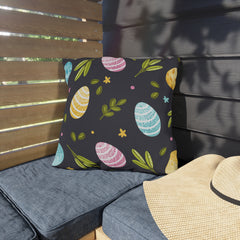 Easter Egg Pattern Outdoor Pillow — Pastel Eggs & Greens on Dark