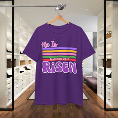 He Is Risen Tee — Retro Stripes Easter Christian T-Shirt