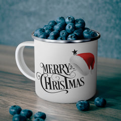 Merry Christmas Enamel Camping Mug — Vintage Script & Santa Hat Holiday Mug
