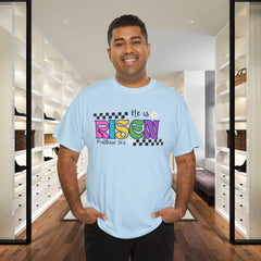 He Is Risen T-Shirt — Colorful Easter Christian Tee (Matthew 28:6)