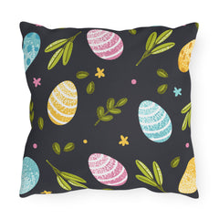 Easter Egg Pattern Outdoor Pillow — Pastel Eggs & Greens on Dark