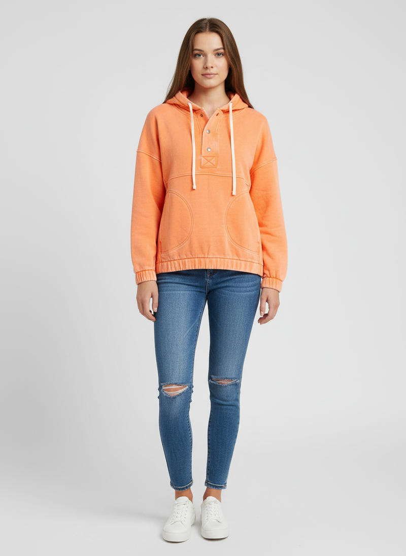 Zenana Washed Orange Pullover Fleeced Hoodie With Pockets