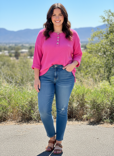 Andre by Unit Hot Pink Waffle Knit Soft 3/4 Qtr Sleeve Top