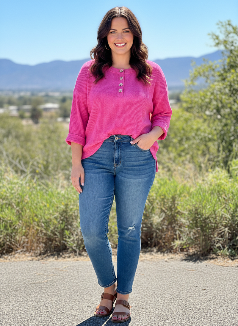 Andre by Unit Hot Pink Waffle Knit Soft 3/4 Qtr Sleeve Top