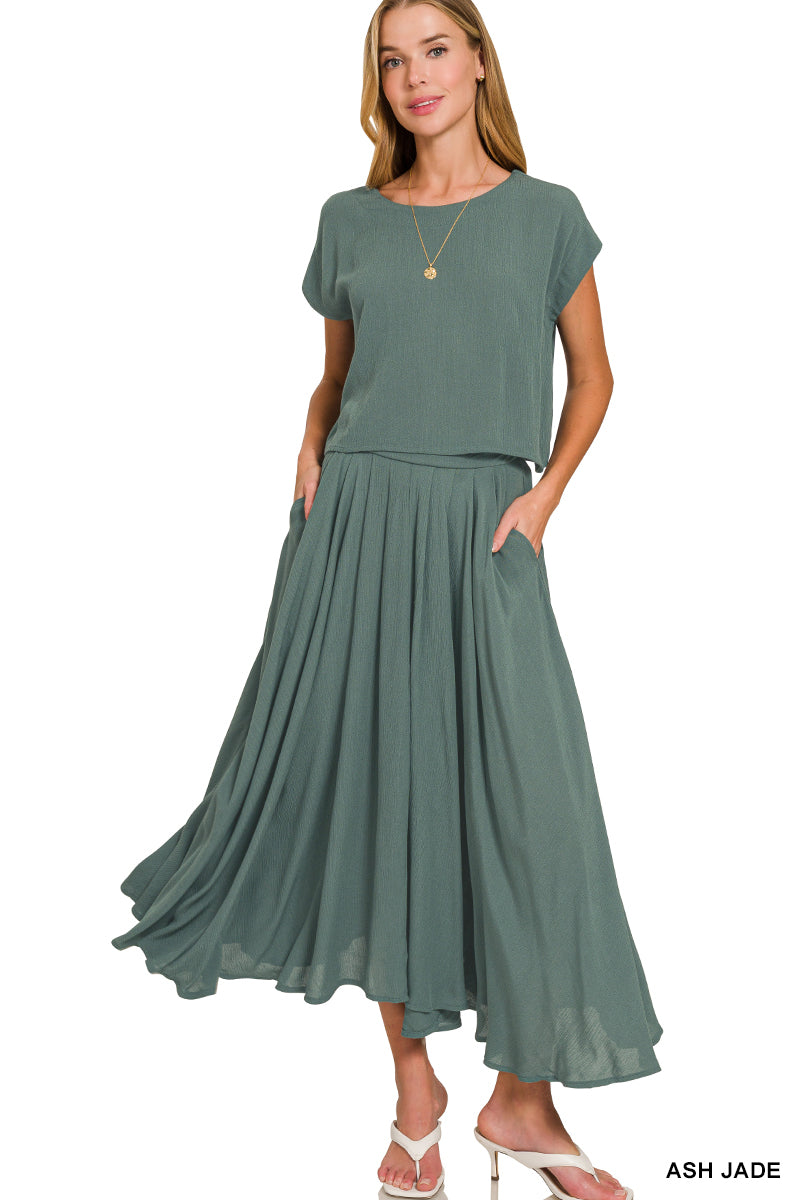 Zenana Ash Sage 2 Piece Short Sleeve Gauze Skirt Set