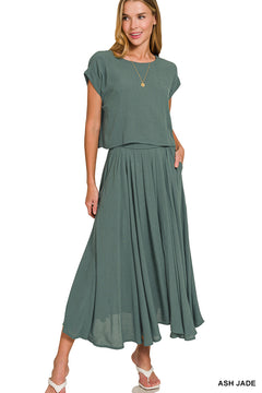 Zenana Ash Sage 2 Piece Short Sleeve Gauze Skirt Set