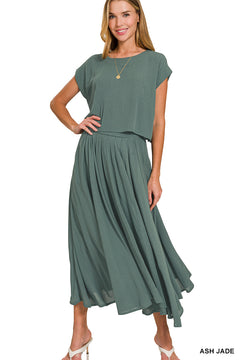Zenana Ash Sage 2 Piece Short Sleeve Gauze Skirt Set