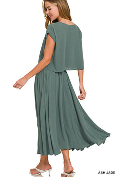 Zenana Ash Sage 2 Piece Short Sleeve Gauze Skirt Set
